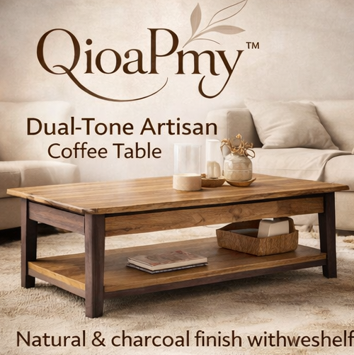 QioaPmy™ Dual-Tone Artisan Coffee Table – Handcrafted Wood Center Table with Natural & Charcoal Finish