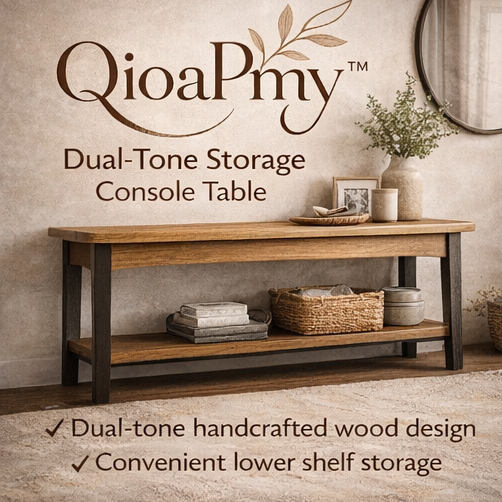 QioaPmy™ Dual-Tone Storage Console Table – Handmade Wood Entryway Table with Shelf Storage