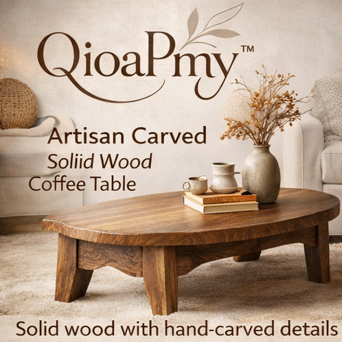QioaPmy™ Artisan Carved Solid Wood Coffee Table – Handcrafted Rustic Living Room Center Table with Natural Wood Grain
