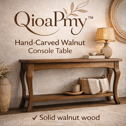 QioaPmy™ Hand-Carved Walnut Entryway Console Table – Artisan Solid Wood Hallway Table with Curved Legs