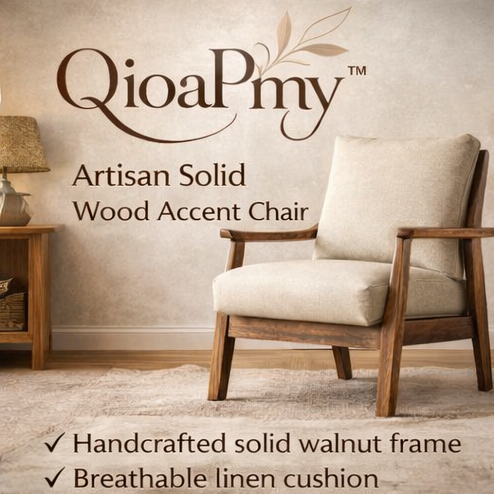 QioaPmy™ Artisan Solid Wood Accent Chair – Handcrafted Walnut Lounge Chair with Linen Cushion