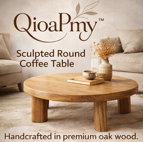 QioaPmy™ Sculpted Round Coffee Table – Handcrafted Oak Living Room Table with Smooth Artisan Finish