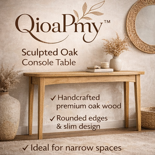 QioaPmy™ Sculpted Oak Entryway Console Table – Handmade Narrow Hallway Table with Rounded Edges