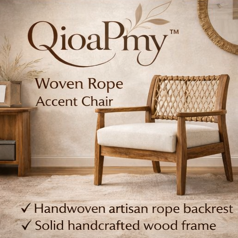 QioaPmy™ Woven Rope Accent Chair – Handmade Wood Lounge Chair with Artisan Rope Backrest