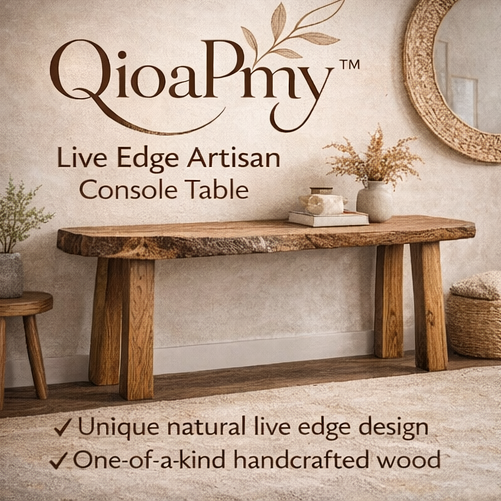 QioaPmy™ Live Edge Artisan Console Table – Handcrafted Natural Wood Entryway Table with Organic Shape