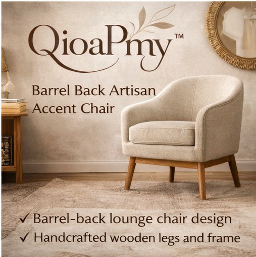 QioaPmy™ Barrel Back Artisan Accent Chair – Handmade Upholstered Lounge Chair with Wooden Legs